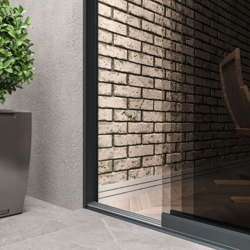 3 railsysteem antraciet met getint glas van 2000 tot 3000 mm breed met totale hoogte van 1970 mm tot 2700 mm