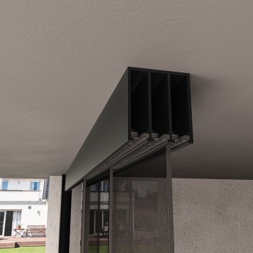 3 railsysteem antraciet met getint glas van 2000 tot 3000 mm breed met totale hoogte van 1970 mm tot 2700 mm