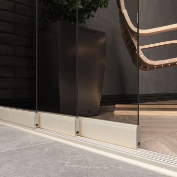 Railsysteem creme met getint glas van 2000 tot 3000 mm breed met totale hoogte van 1970 mm tot 2700 mm