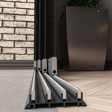 4 railsysteem antraciet met getint glas van 3000 tot 4000 mm breed met totale hoogte van 1970 mm tot 2700 mm