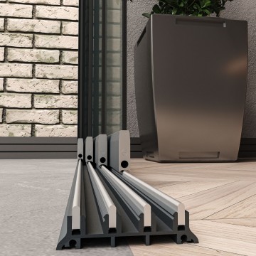 4 railsysteem antraciet met helder glas van 3000 tot 4000 mm breed met totale hoogte van 1970 mm tot 2700 mm