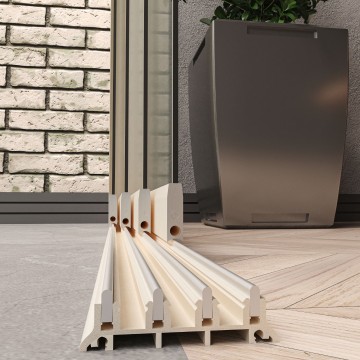 4 railsysteem creme met helder glas van 3000 tot 4000 mm breed met totale hoogte van 1970 mm tot 2700 mm