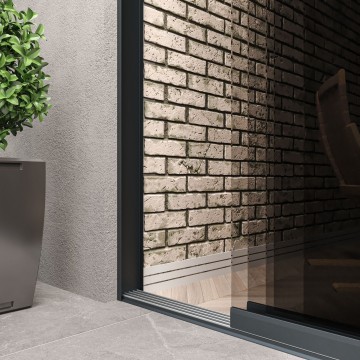 4 railsysteem antraciet met getint glas van 3000 tot 4000 mm breed met totale hoogte van 1970 mm tot 2700 mm