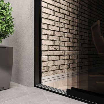 4 railsysteem zwart met getint glas van 3000 tot 4000 mm breed met totale hoogte van 1970 mm tot 2700 mm