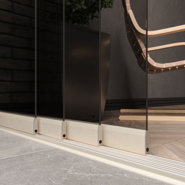 4 railsysteem creme met getint glas van 3000 tot 4000 mm breed met totale hoogte van 1970 mm tot 2700 mm