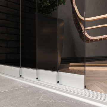 4 railsysteem wit met getint glas van 3000 tot 4000 mm breed met totale hoogte van 1970 mm tot 2700 mm