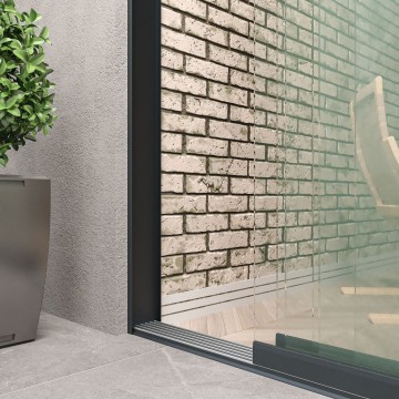 5 railsysteem antraciet met helder glas van 4000 tot 5000 mm breed met totale hoogte van 1970 mm tot 2700 mm