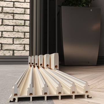 6 railsysteem creme met getint glas van 5000 tot 6000 mm breed met totale hoogte van 1970 mm tot 2700 mm