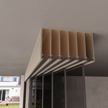 6 railsysteem creme met getint glas van 5000 tot 6000 mm breed met totale hoogte van 1970 mm tot 2700 mm