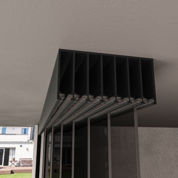 7 railsysteem antraciet met getint glas van 6000 tot 7000 mm breed met totale hoogte van 1970 mm tot 2700 mm