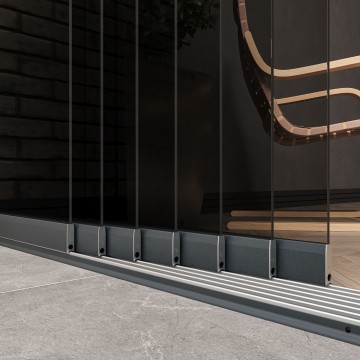 7 railsysteem antraciet met getint glas van 6000 tot 7000 mm breed met totale hoogte van 1970 mm tot 2700 mm