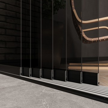 7 railsysteem zwart met getint glas van 6000 tot 7000 mm breed met totale hoogte van 1970 mm tot 2700 mm