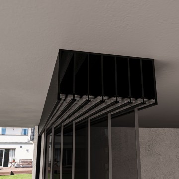 7 railsysteem zwart met getint glas van 6000 tot 7000 mm breed met totale hoogte van 1970 mm tot 2700 mm