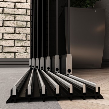 7 railsysteem zwart met getint glas van 6000 tot 7000 mm breed met totale hoogte van 1970 mm tot 2700 mm