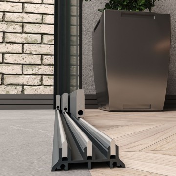 3 railsysteem antraciet met helder glas van 2000 tot 3000 mm breed met totale hoogte van 1970 mm tot 2700 mm